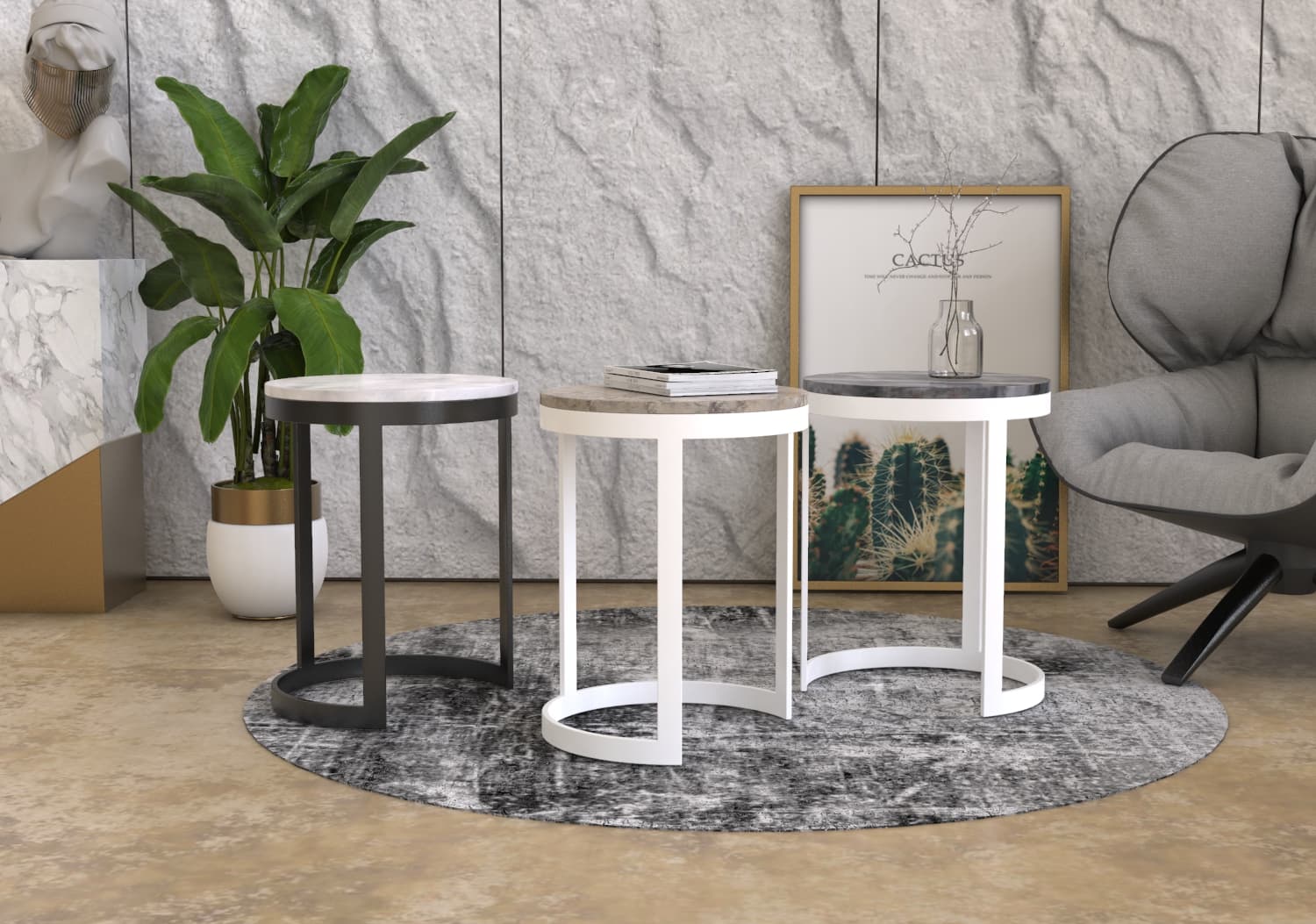 CETO CARVED SIDE TABLE SET - MULTI COLOR MARBLE + IRON STAND