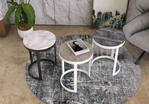 CETO CARVED SIDE TABLE SET - MULTI COLOR MARBLE + IRON STAND