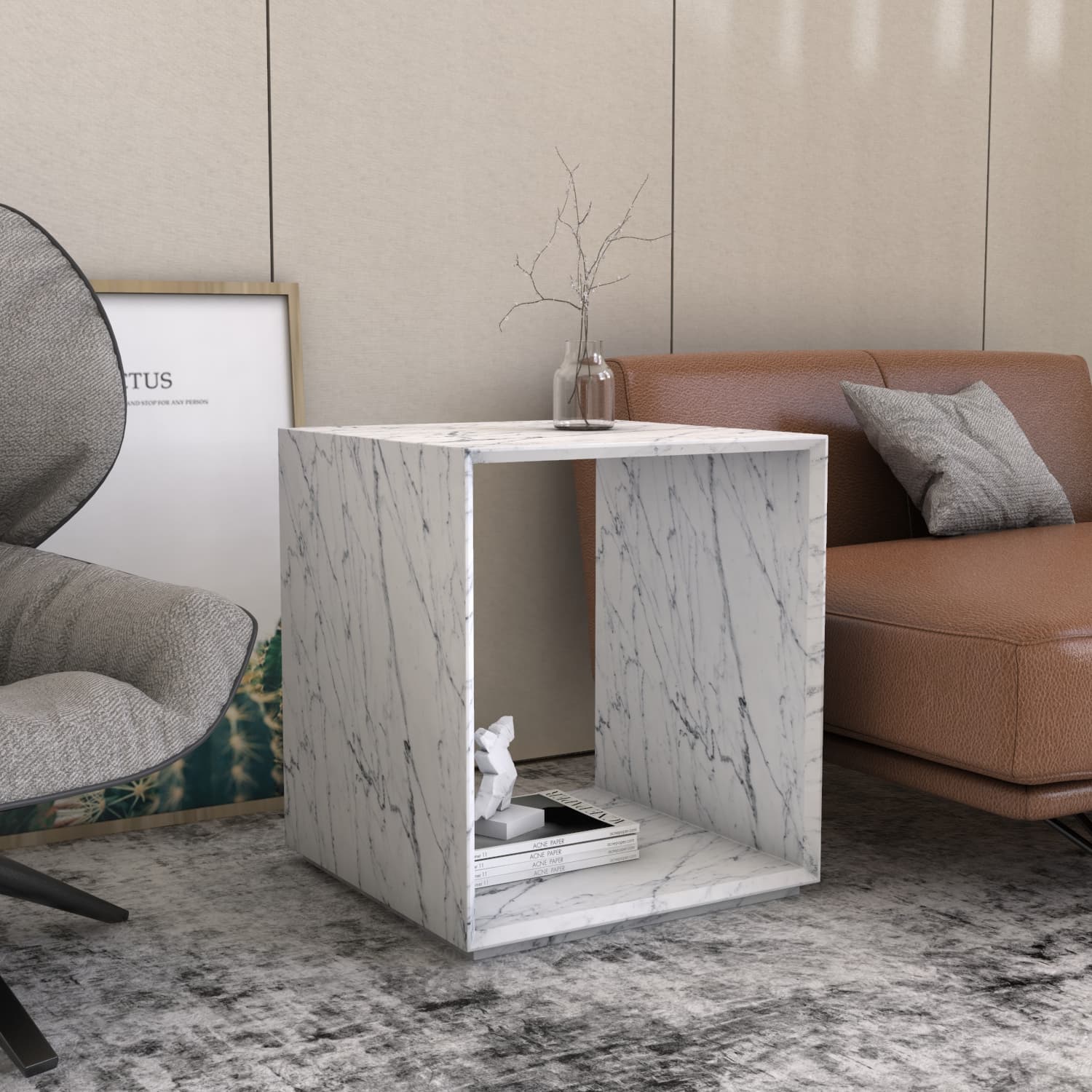 BEYLA CARVED SIDE TABLE - CARARRA MARBLE