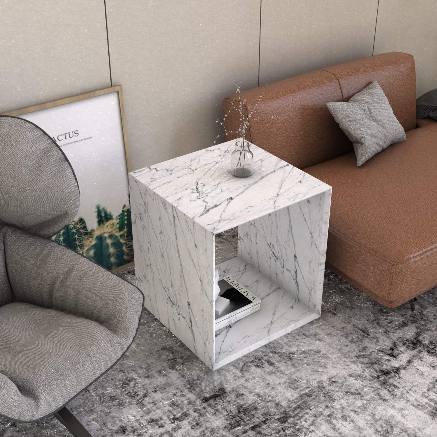 BEYLA CARVED SIDE TABLE - CARARRA MARBLE