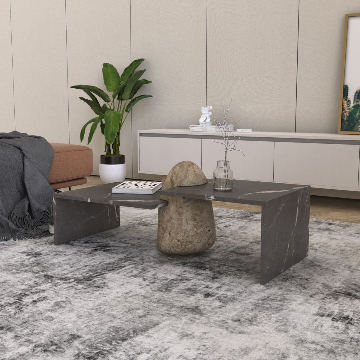 VITORIA CARVED COFFEE TABLE SET - PERLATO MARBLE+FILETTO COBBLE