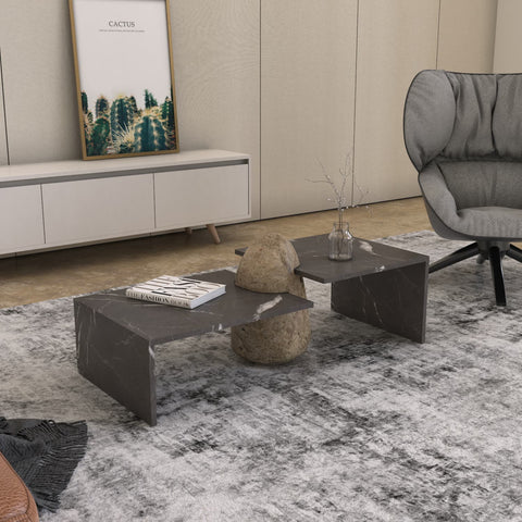 VITORIA CARVED COFFEE TABLE SET - PERLATO MARBLE+FILETTO COBBLE