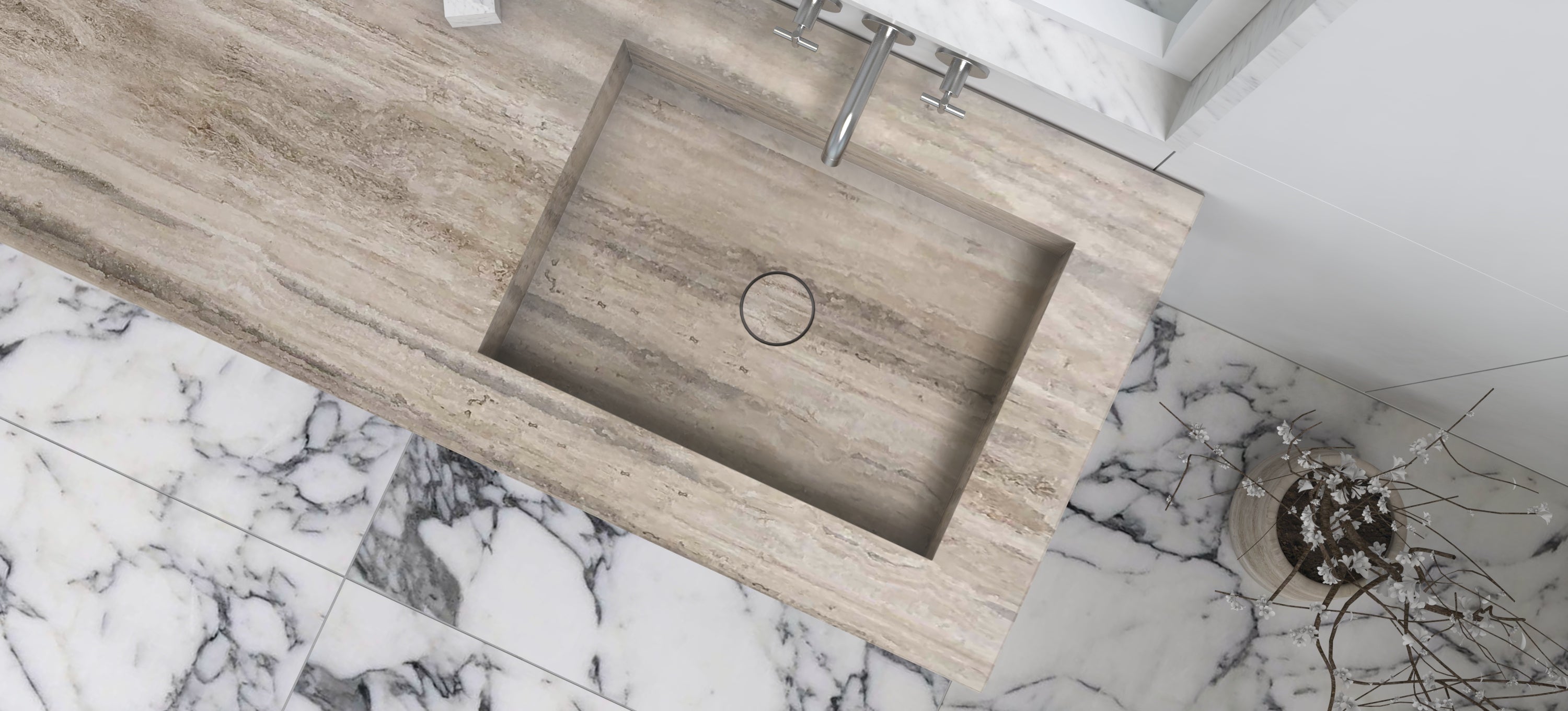 TALIA WALL MOUNT TROUGH SINK - TRAVERTINO ARGENTO