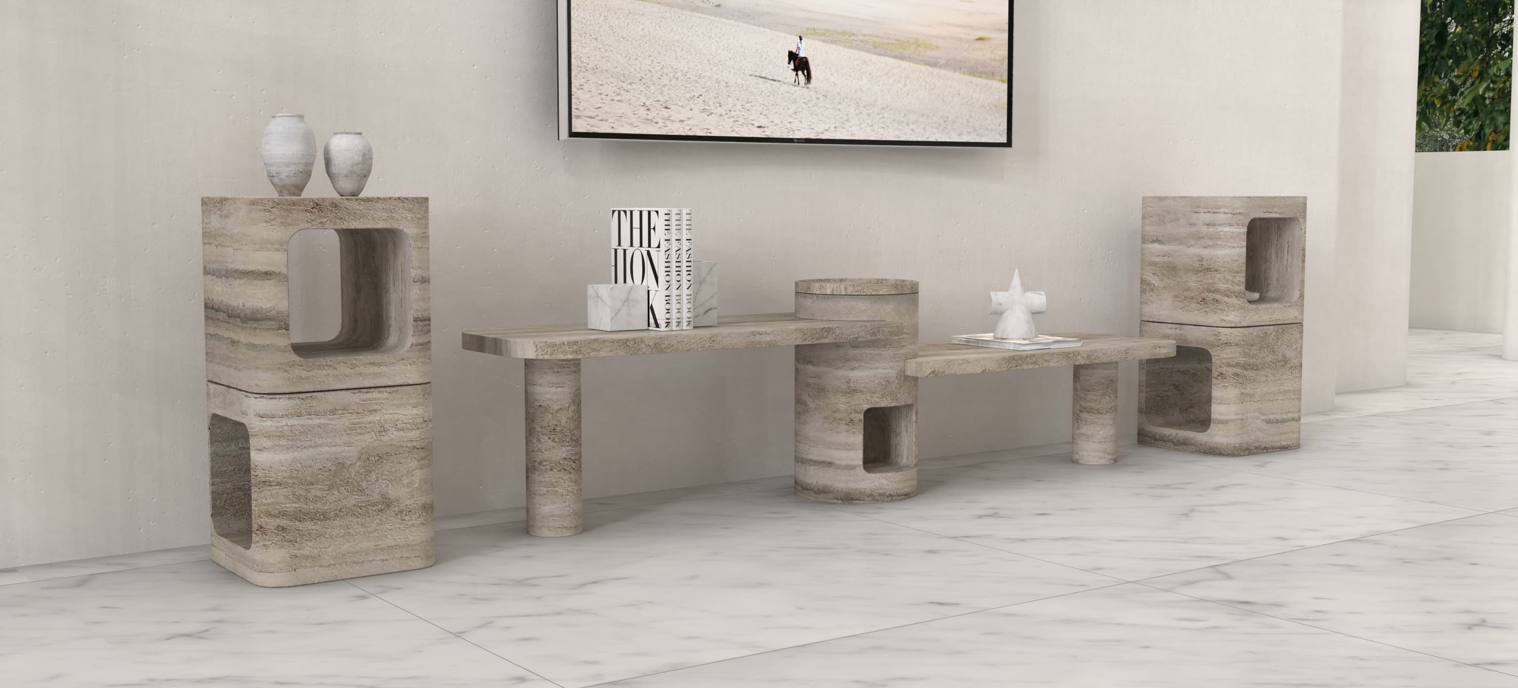 URANIA CARVED COFFEE TABLE SET - CUSTOM - TRAVERTINO ARGENTO + FATES SIDE TABLE