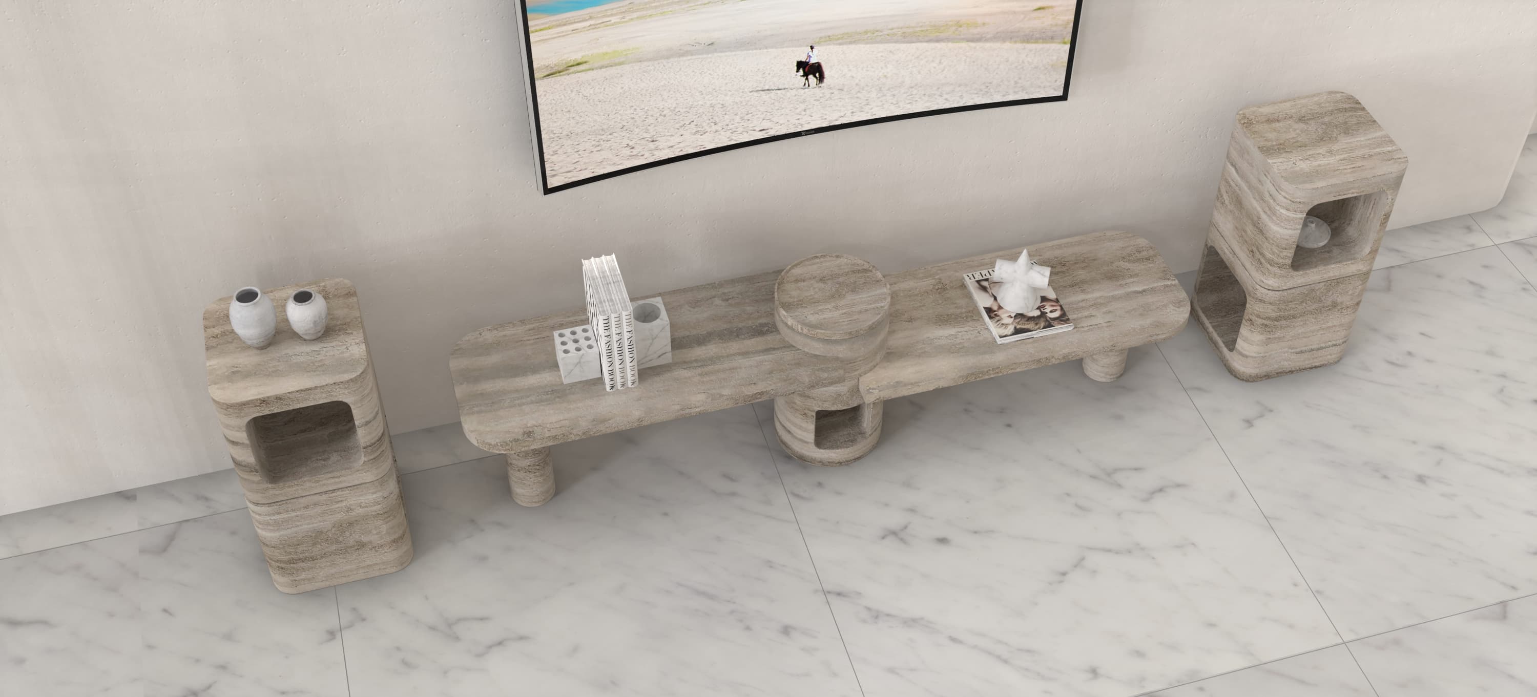 URANIA CARVED COFFEE TABLE SET - CUSTOM - TRAVERTINO ARGENTO + FATES SIDE TABLE