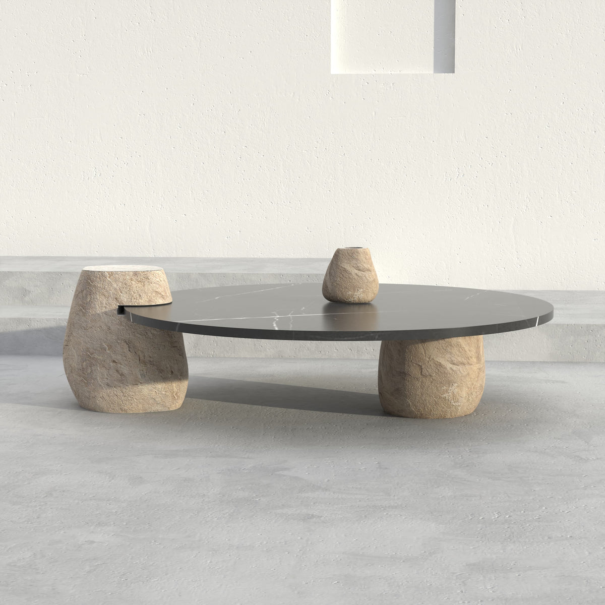 EROS CARVED COFFEE TABLE SET - CUSTOM - FILETTO COBBLE + NERO MARQUINA TOP + DONAR SIDE TABLE