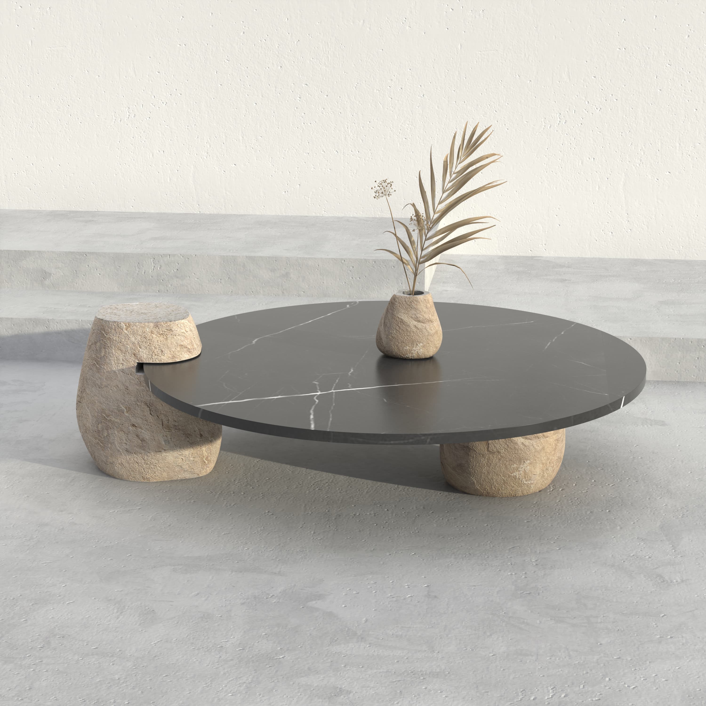 EROS CARVED COFFEE TABLE SET - CUSTOM - FILETTO COBBLE + NERO MARQUINA TOP + DONAR SIDE TABLE