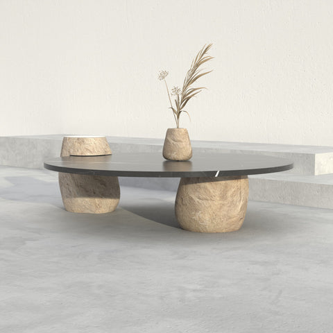 EROS CARVED COFFEE TABLE SET - CUSTOM - FILETTO COBBLE + NERO MARQUINA TOP + DONAR SIDE TABLE