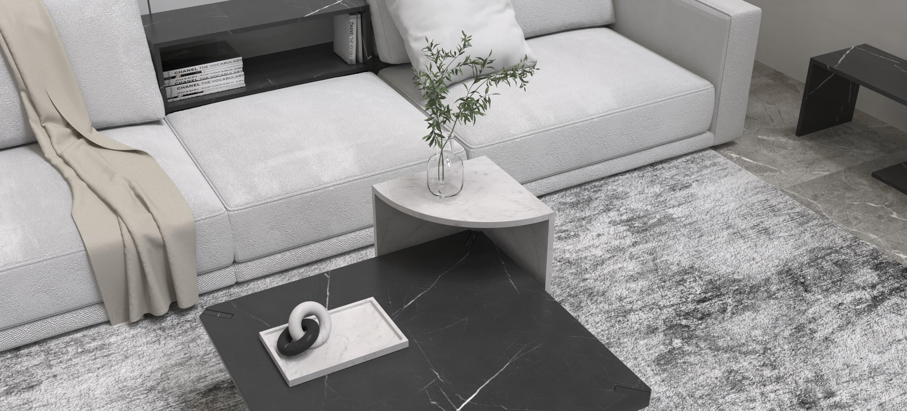 ARES COFFEE TABLE + MUSES SIDE TABLE - NERO MARQUINA+CARARRA MARBLE