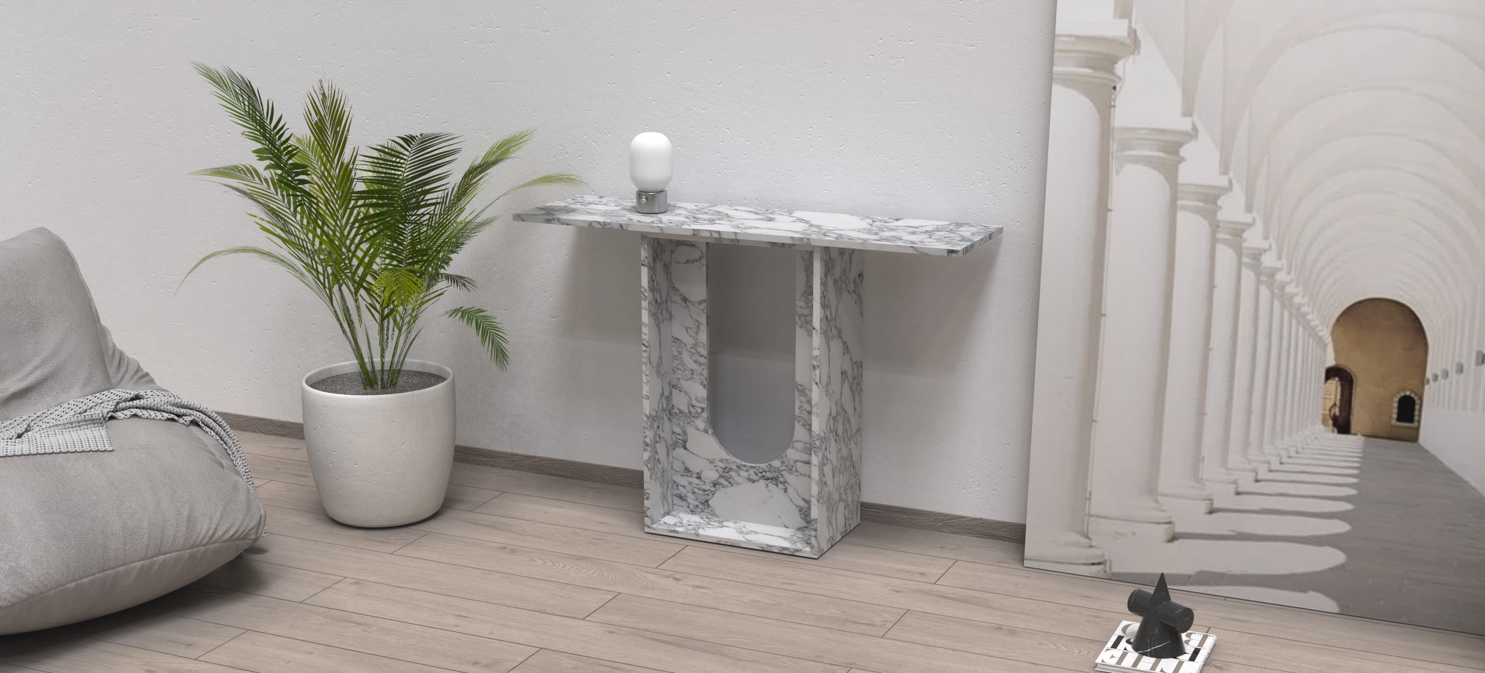 ALECTO CARVED CONSOLE TABLE - ARABESCATO MARBLE