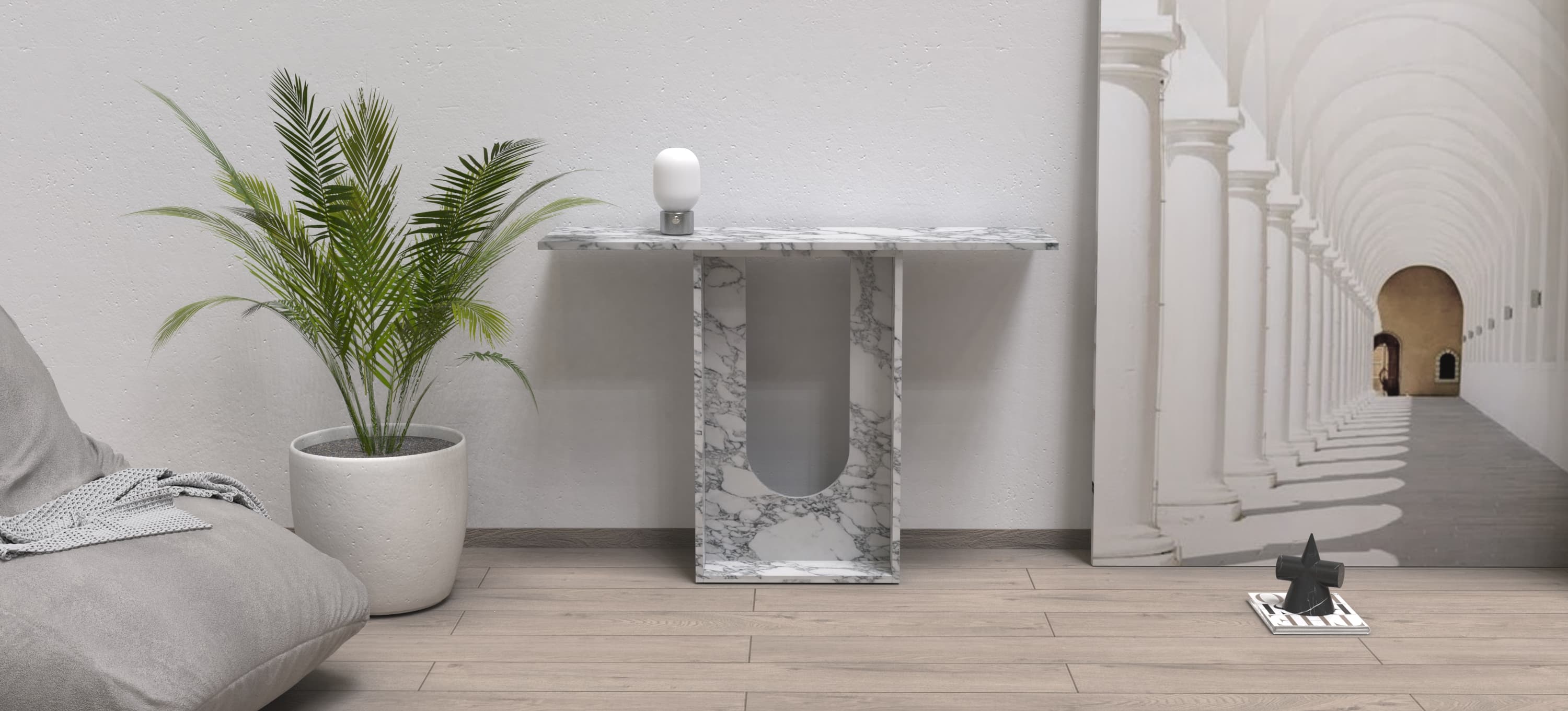 ALECTO CARVED CONSOLE TABLE - ARABESCATO MARBLE