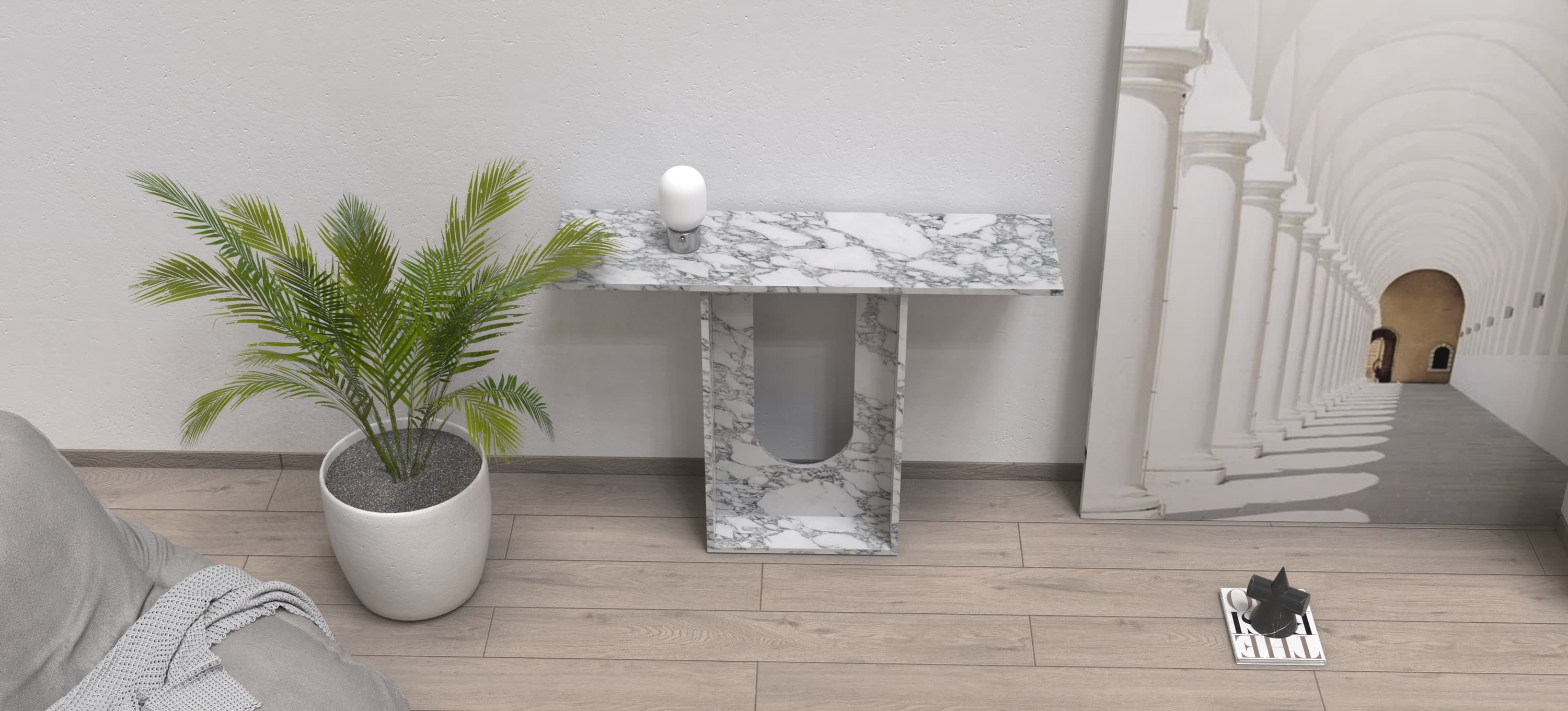 ALECTO CARVED CONSOLE TABLE - ARABESCATO MARBLE