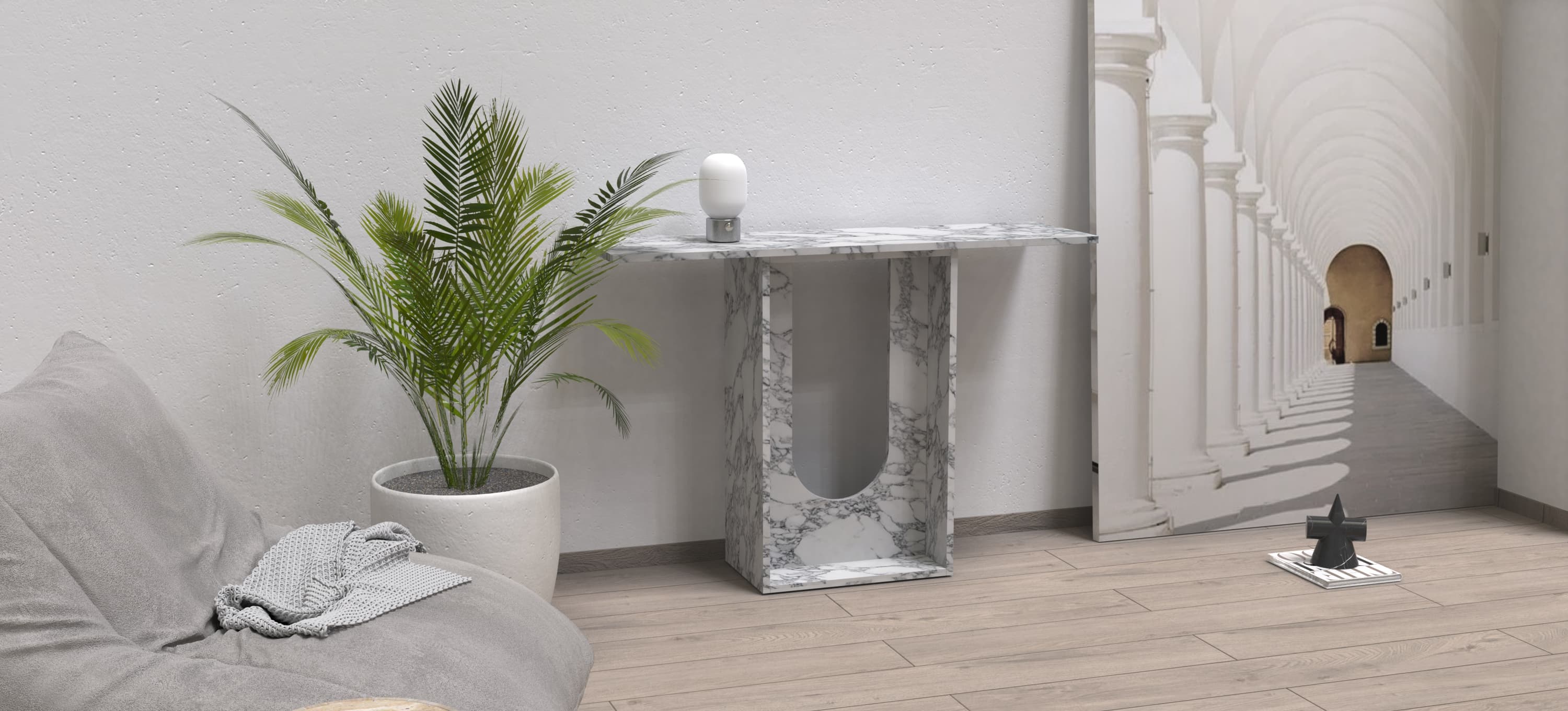 ALECTO CARVED CONSOLE TABLE - ARABESCATO MARBLE