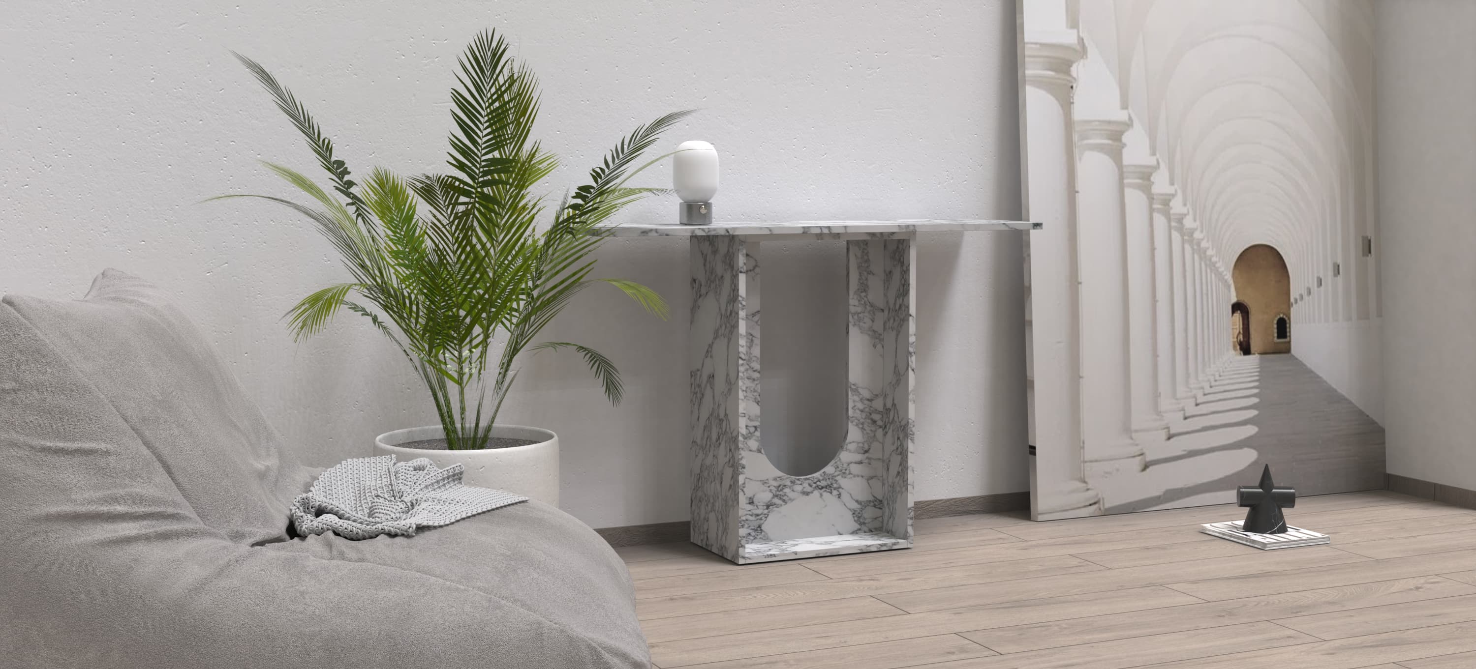 ALECTO CARVED CONSOLE TABLE - ARABESCATO MARBLE