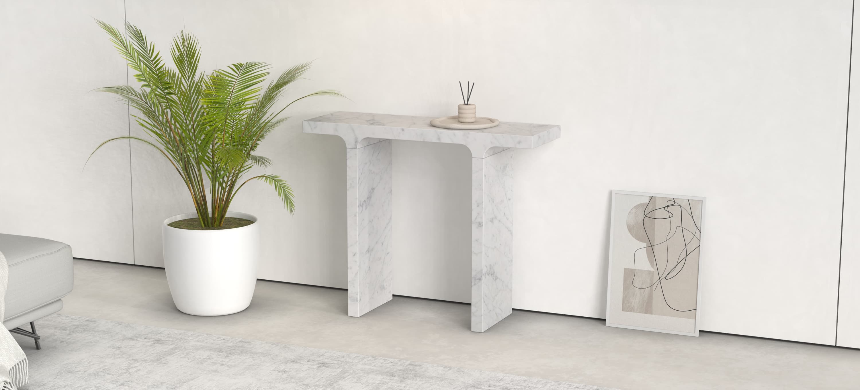 PHOEBE CARVED CONSOLE TABLE - CARARRA MARBLE