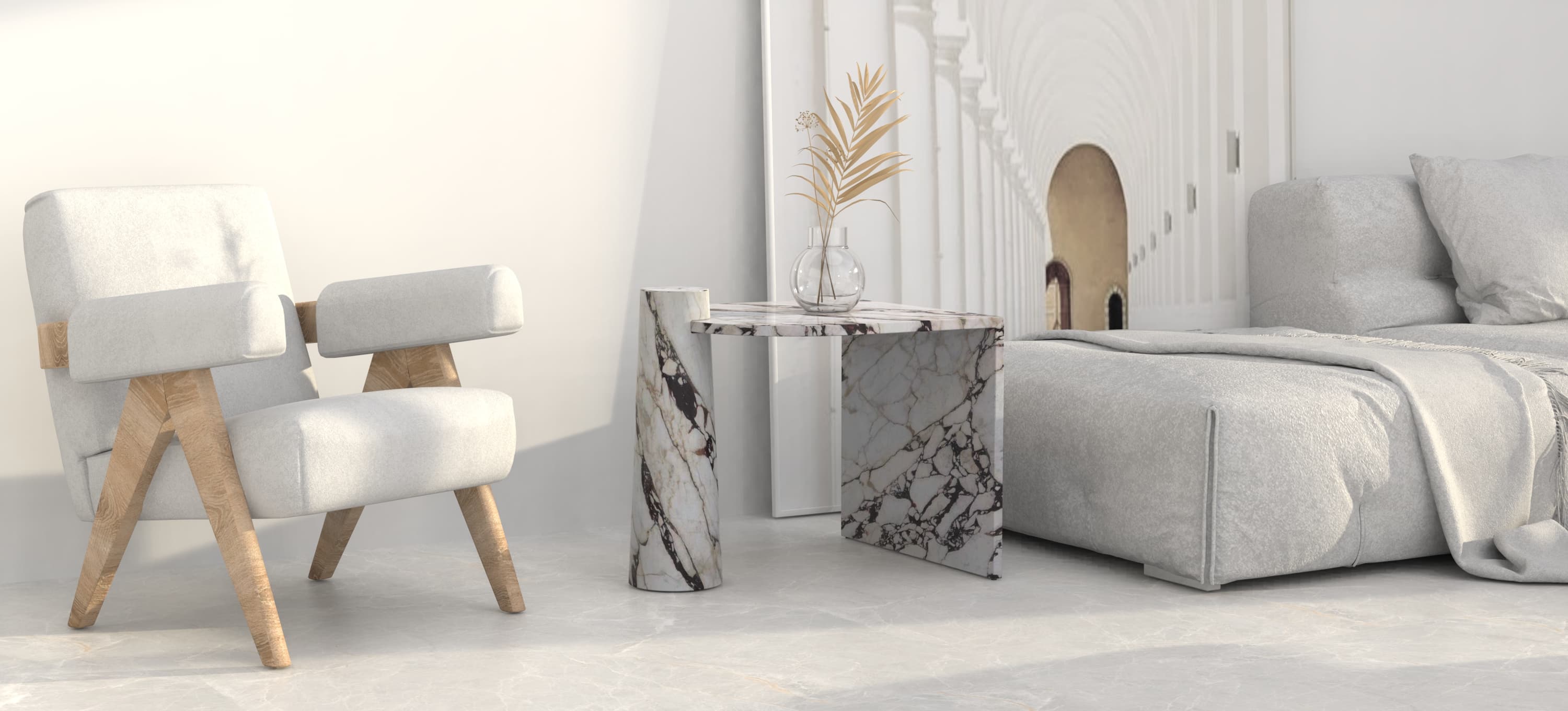 ATHENA CARVED SIDE TABLE - CALACATTA MARBLE