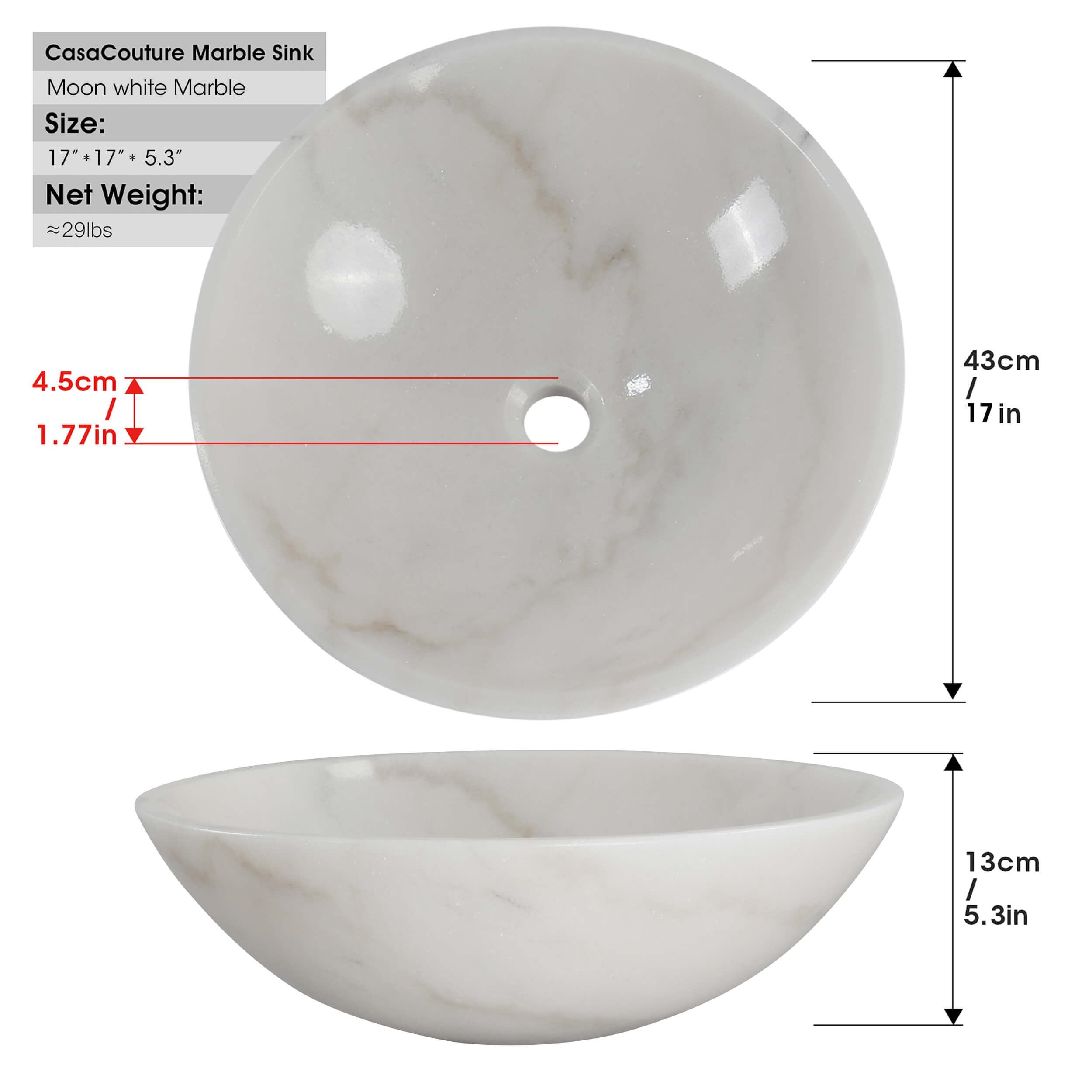 Stone Bathroom Sink 17inch White Round Shape Vessel Bowl Polished Finished basin (White)