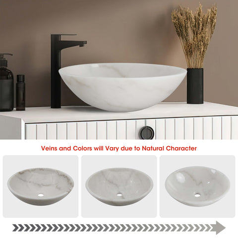 Stone Bathroom Sink 17inch White Round Shape Vessel Bowl Polished Finished basin (White)