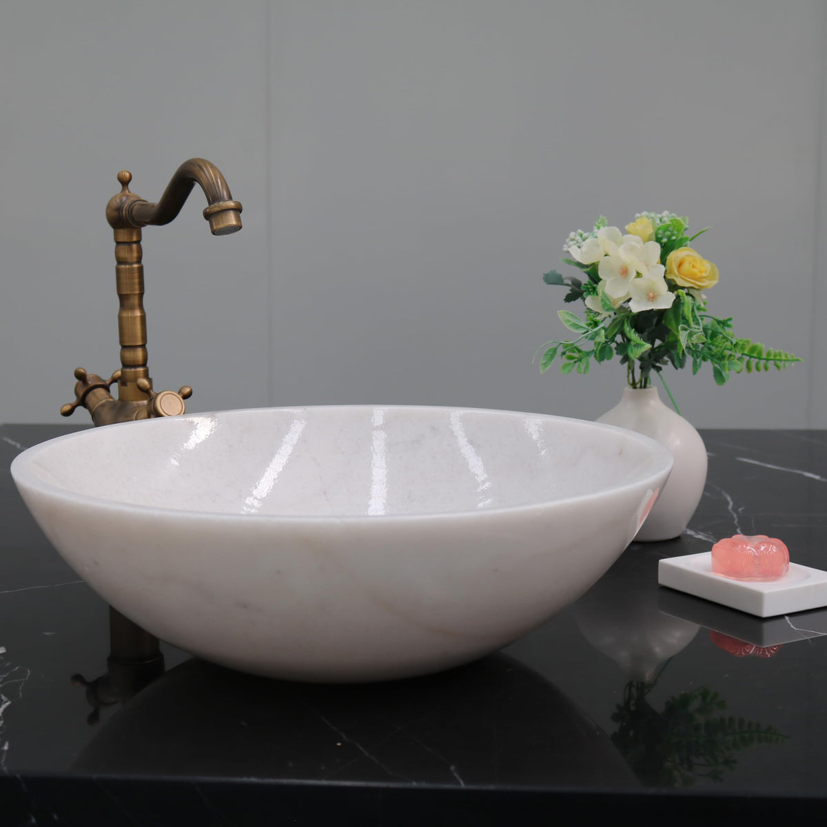 Stone Bathroom Sink 17inch White Round Shape Vessel Bowl Polished Finished basin (White)