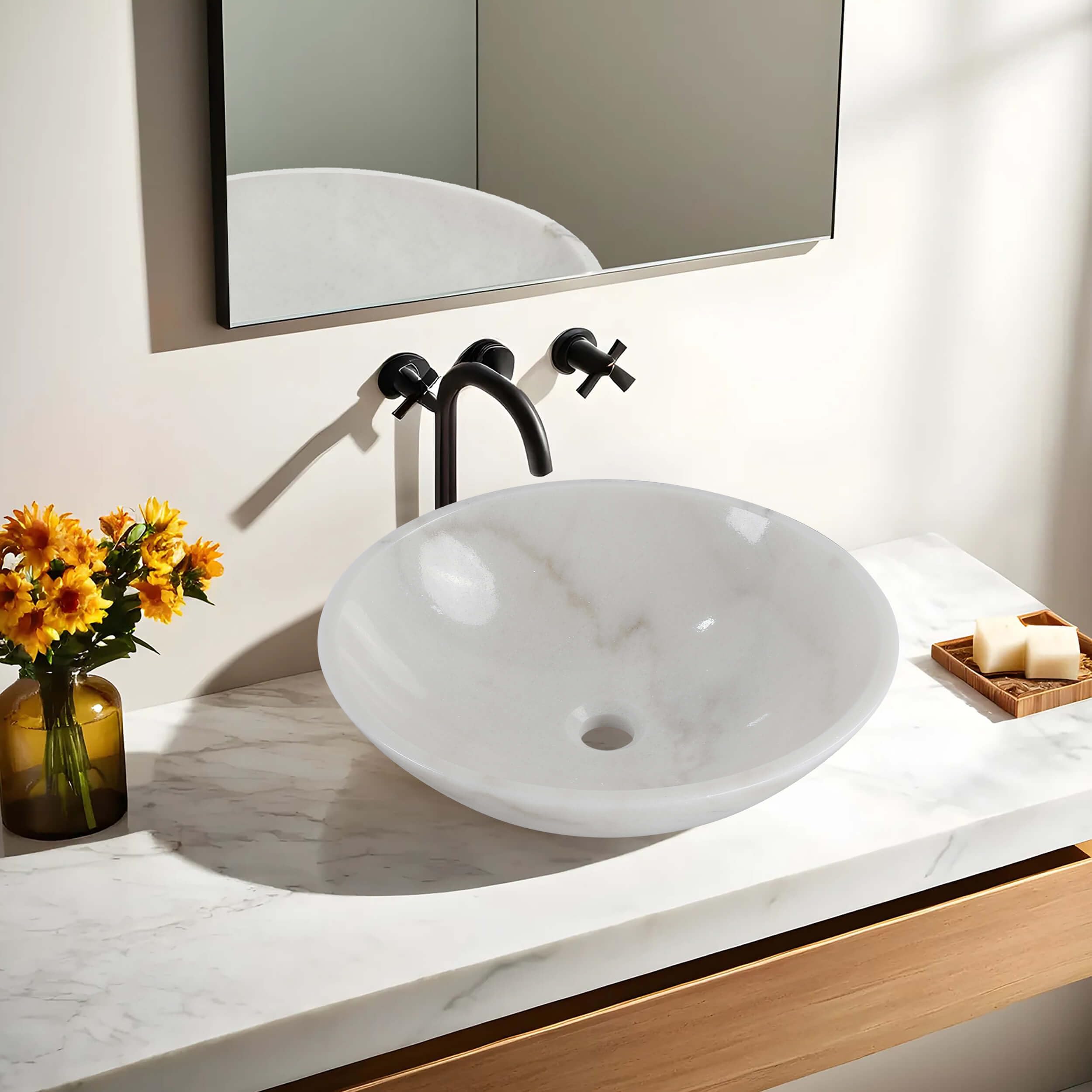 Stone Bathroom Sink 17inch White Round Shape Vessel Bowl Polished Finished basin (White)